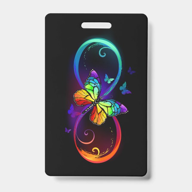 Vibrant infinity with rainbow butterfly on black ID badge (Front)