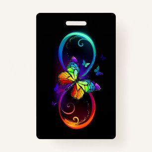Vibrant infinity with rainbow butterfly on black ID badge