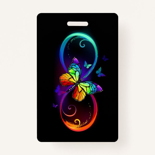 Vibrant infinity with rainbow butterfly on black ID badge (Front)