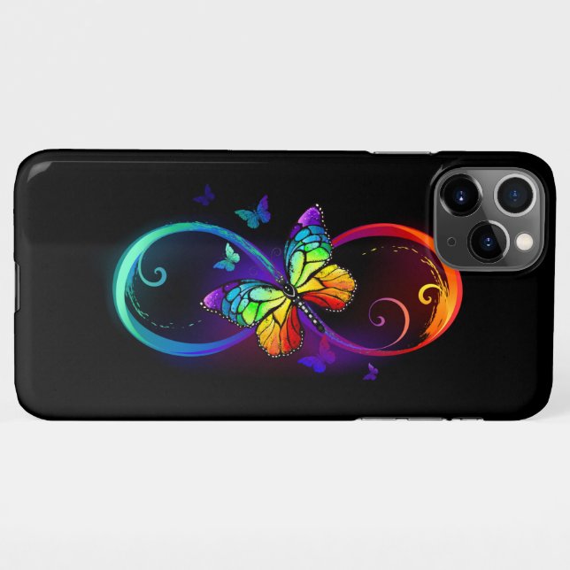 Vibrant infinity with rainbow butterfly on black iPhone case (Back Horizontal)