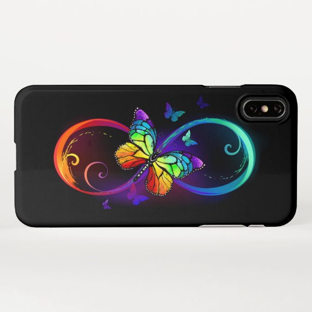 Vibrant infinity with rainbow butterfly on black iPhone case (Back Horizontal)