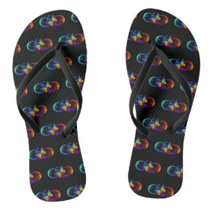 Vibrant infinity with rainbow butterfly on black jandals