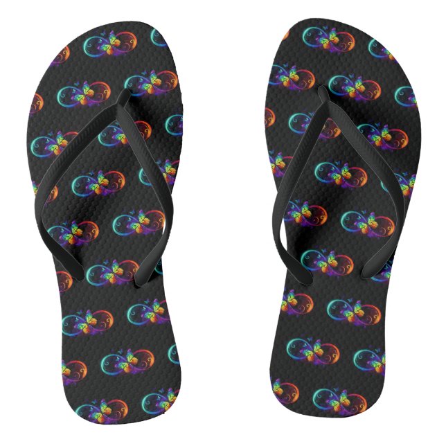Vibrant infinity with rainbow butterfly on black jandals (Footbed)