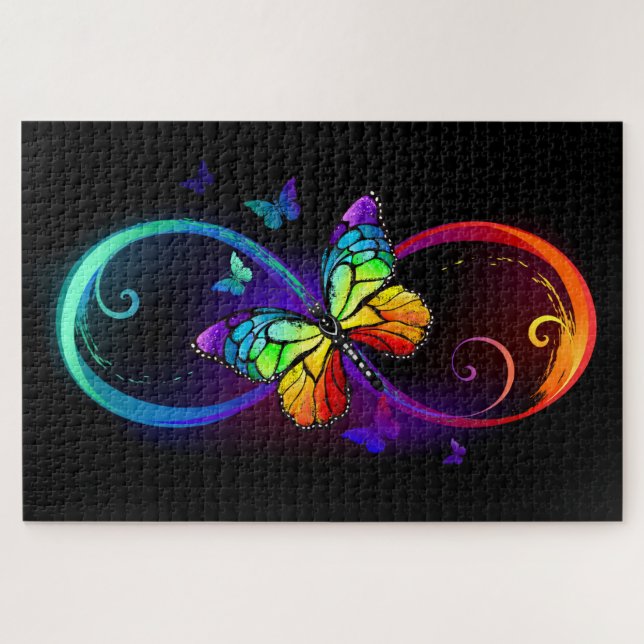 Vibrant infinity with rainbow butterfly on black jigsaw puzzle (Horizontal)