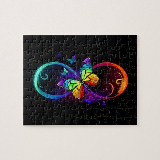 Vibrant infinity with rainbow butterfly on black jigsaw puzzle (Horizontal)