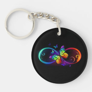 Vibrant infinity with rainbow butterfly on black key ring