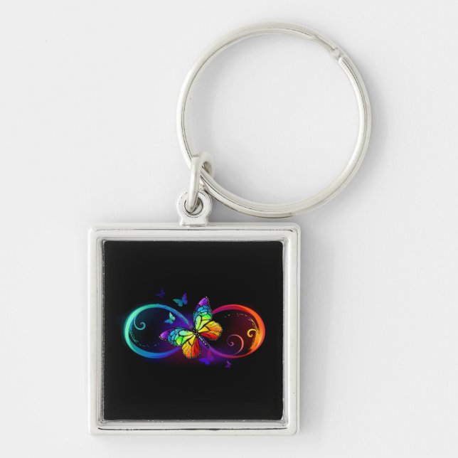 Vibrant infinity with rainbow butterfly on black key ring (Front)