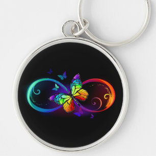 Vibrant infinity with rainbow butterfly on black key ring