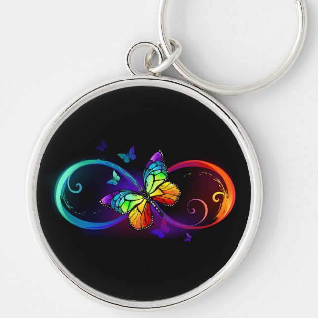 Vibrant infinity with rainbow butterfly on black key ring (Front)
