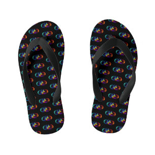 Vibrant infinity with rainbow butterfly on black kid's jandals