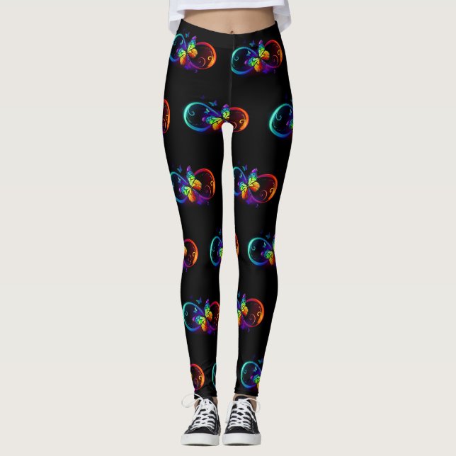 Vibrant infinity with rainbow butterfly on black leggings (Front)