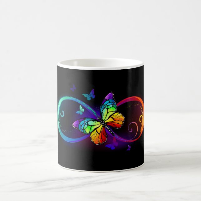 Vibrant infinity with rainbow butterfly on black magic mug (Center)