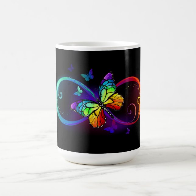Vibrant infinity with rainbow butterfly on black magic mug (Center)