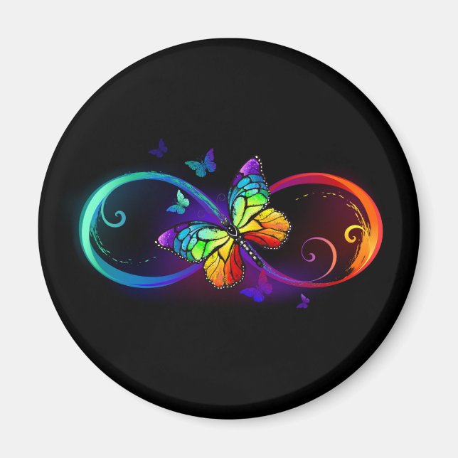 Vibrant infinity with rainbow butterfly on black magnet (Front)