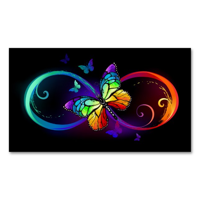 Vibrant infinity with rainbow butterfly on black  magnetic business card (Front)