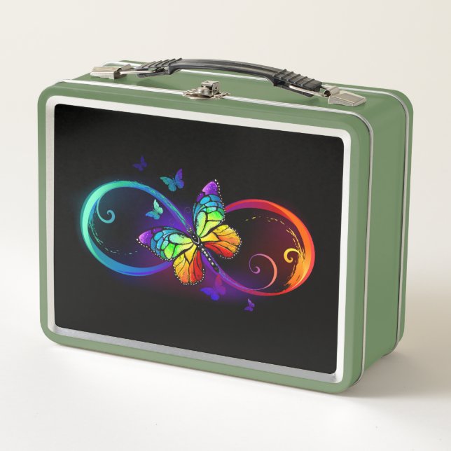 Vibrant infinity with rainbow butterfly on black  metal lunch box (Front)