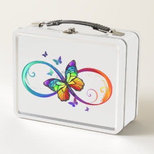 Vibrant infinity with rainbow butterfly on black  metal lunch box