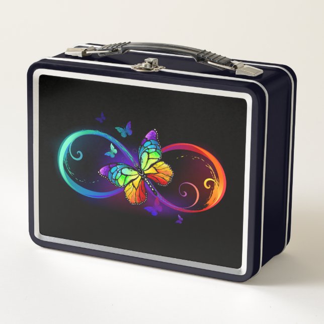 Vibrant infinity with rainbow butterfly on black  metal lunch box (Front)