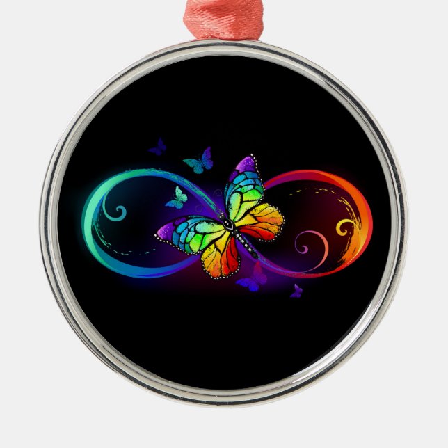 Vibrant infinity with rainbow butterfly on black metal tree decoration (Front)