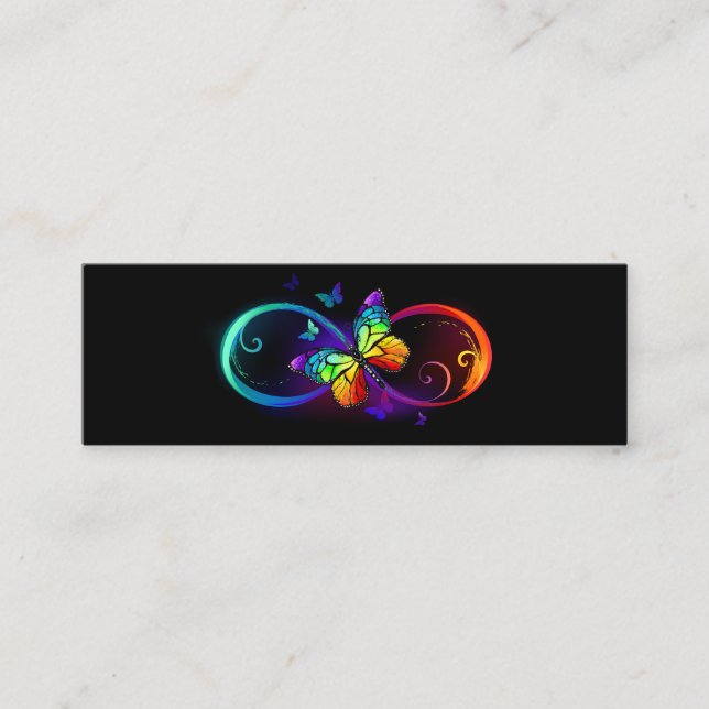 Vibrant infinity with rainbow butterfly on black  mini business card (Front)