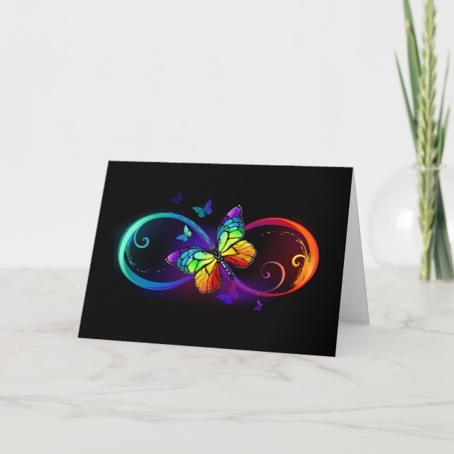 Vibrant infinity with rainbow butterfly on black note card (Front)