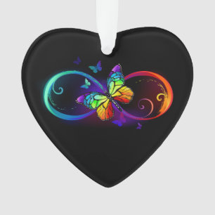 Vibrant infinity with rainbow butterfly on black ornament