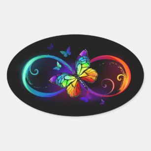 Vibrant infinity with rainbow butterfly on black oval sticker