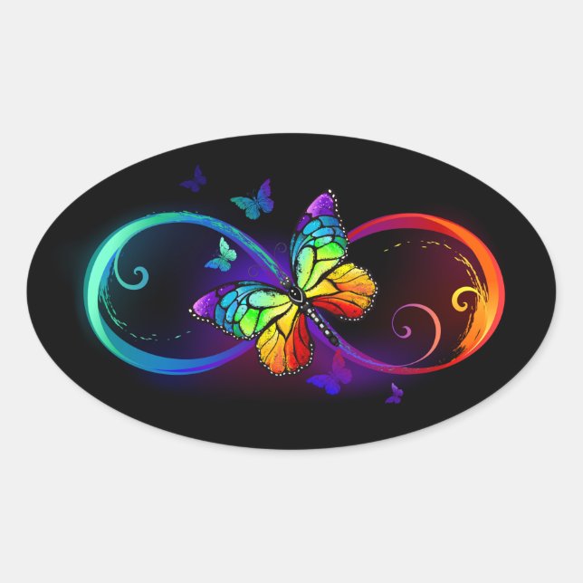 Vibrant infinity with rainbow butterfly on black oval sticker (Front)