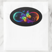 Vibrant infinity with rainbow butterfly on black oval sticker (Bag)