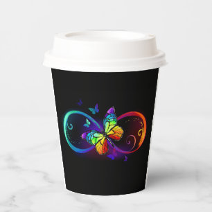 Vibrant infinity with rainbow butterfly on black paper cups