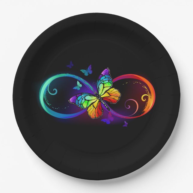Vibrant infinity with rainbow butterfly on black paper plate (Front)