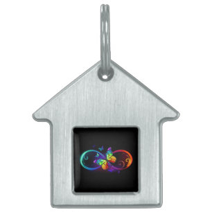 Vibrant infinity with rainbow butterfly on black pet ID tag