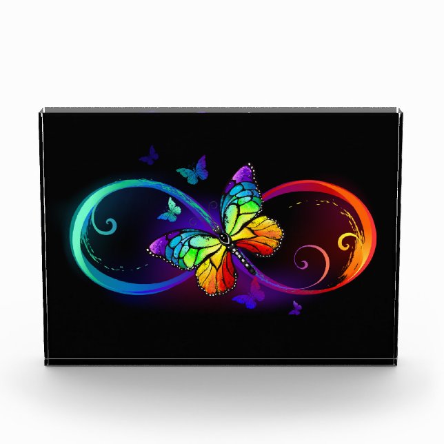 Vibrant infinity with rainbow butterfly on black photo block (Front)