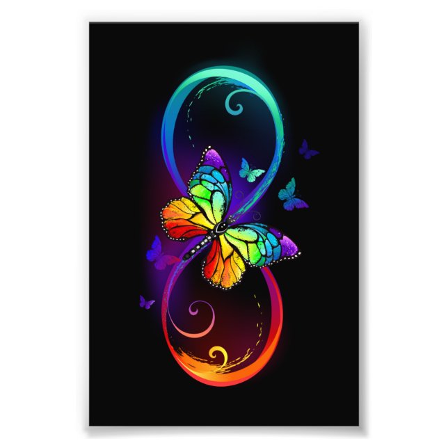 Vibrant infinity with rainbow butterfly on black photo print (Front)