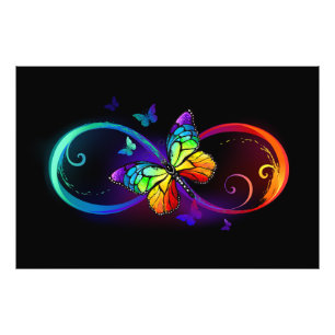 Vibrant infinity with rainbow butterfly on black photo print