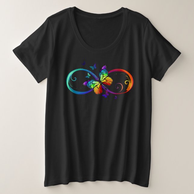 Vibrant infinity with rainbow butterfly on black plus size T-Shirt (Design Front)