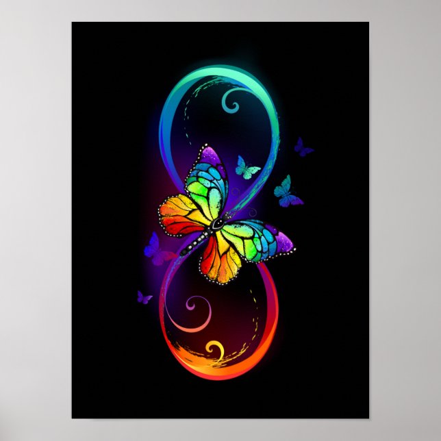 Vibrant infinity with rainbow butterfly on black poster (Front)