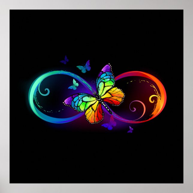 Vibrant infinity with rainbow butterfly on black poster (Front)