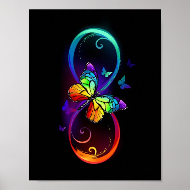 Vibrant infinity with rainbow butterfly on black poster (Front)