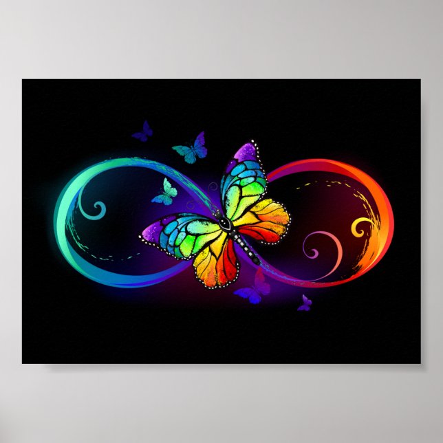 Vibrant infinity with rainbow butterfly on black poster (Front)