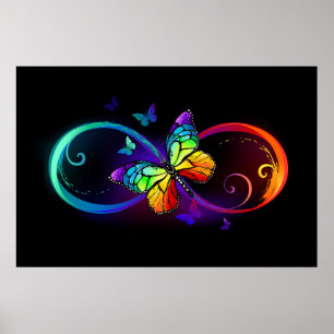 Vibrant infinity with rainbow butterfly on black poster