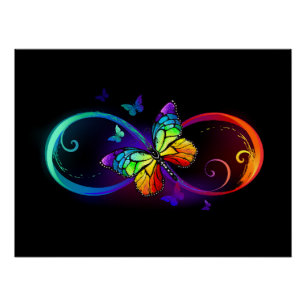 Vibrant infinity with rainbow butterfly on black poster