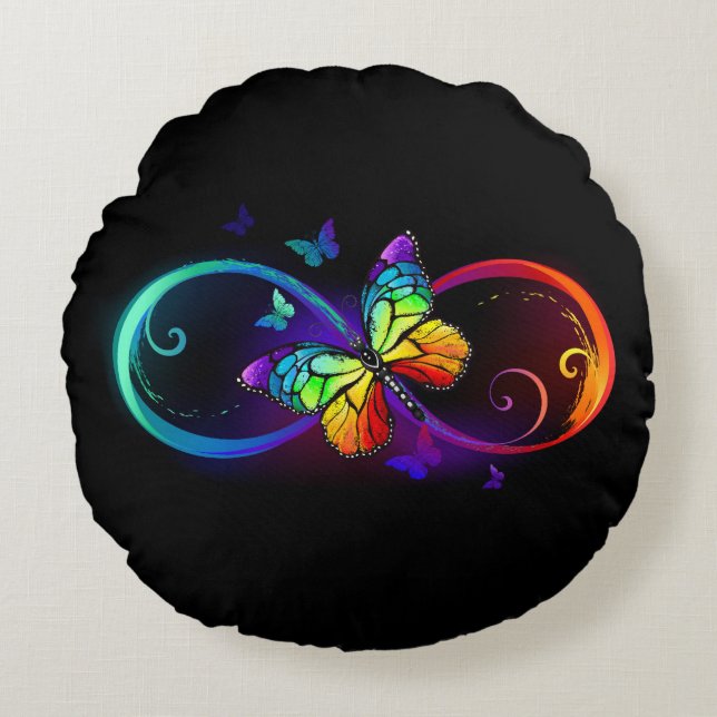 Vibrant infinity with rainbow butterfly on black round cushion (Front)