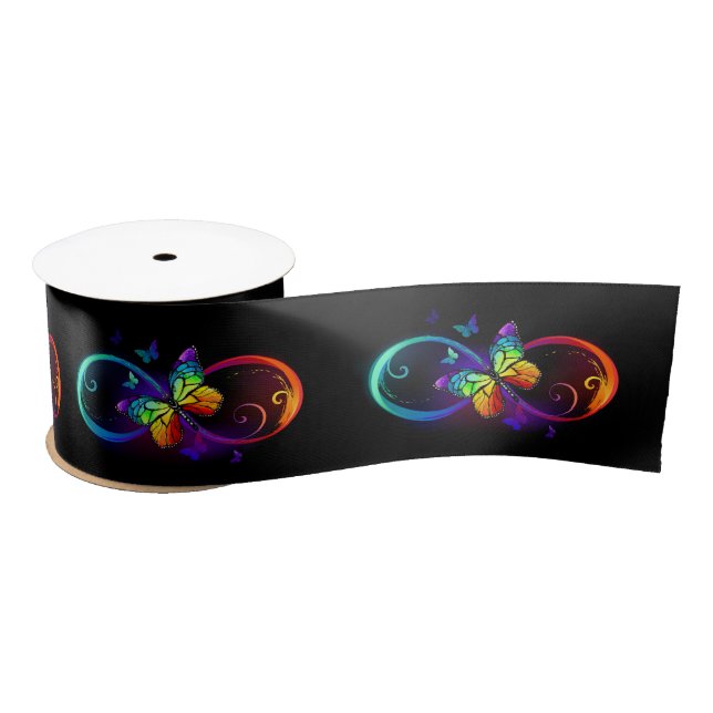 Vibrant infinity with rainbow butterfly on black satin ribbon (Spool)