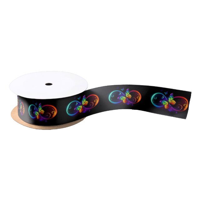 Vibrant infinity with rainbow butterfly on black  satin ribbon (Spool)