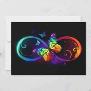 Vibrant infinity with rainbow butterfly on black save the date