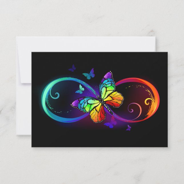 Vibrant infinity with rainbow butterfly on black save the date (Front)