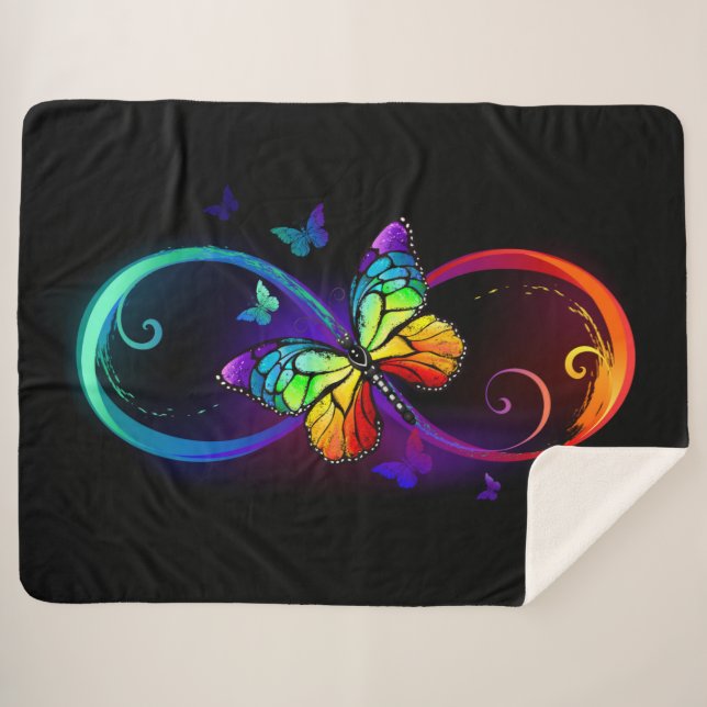 Vibrant infinity with rainbow butterfly on black  sherpa blanket (Front (Horizontal))