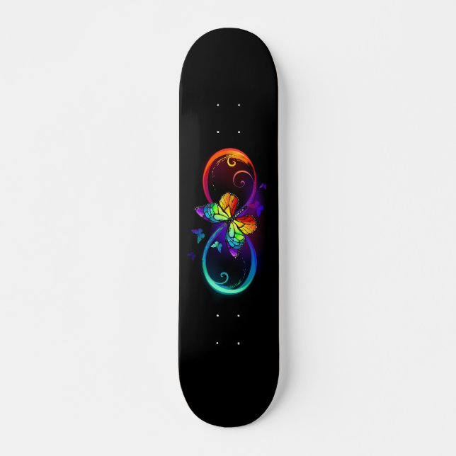 Vibrant infinity with rainbow butterfly on black skateboard (Front)