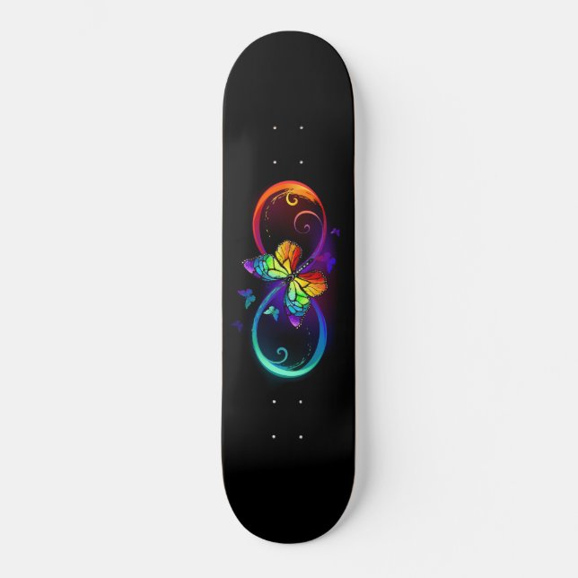 Vibrant infinity with rainbow butterfly on black skateboard (Front)
